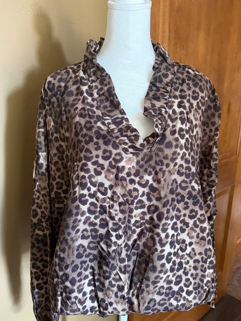 Umgee Leopard Print Ruffled V-Neck Top - Brown